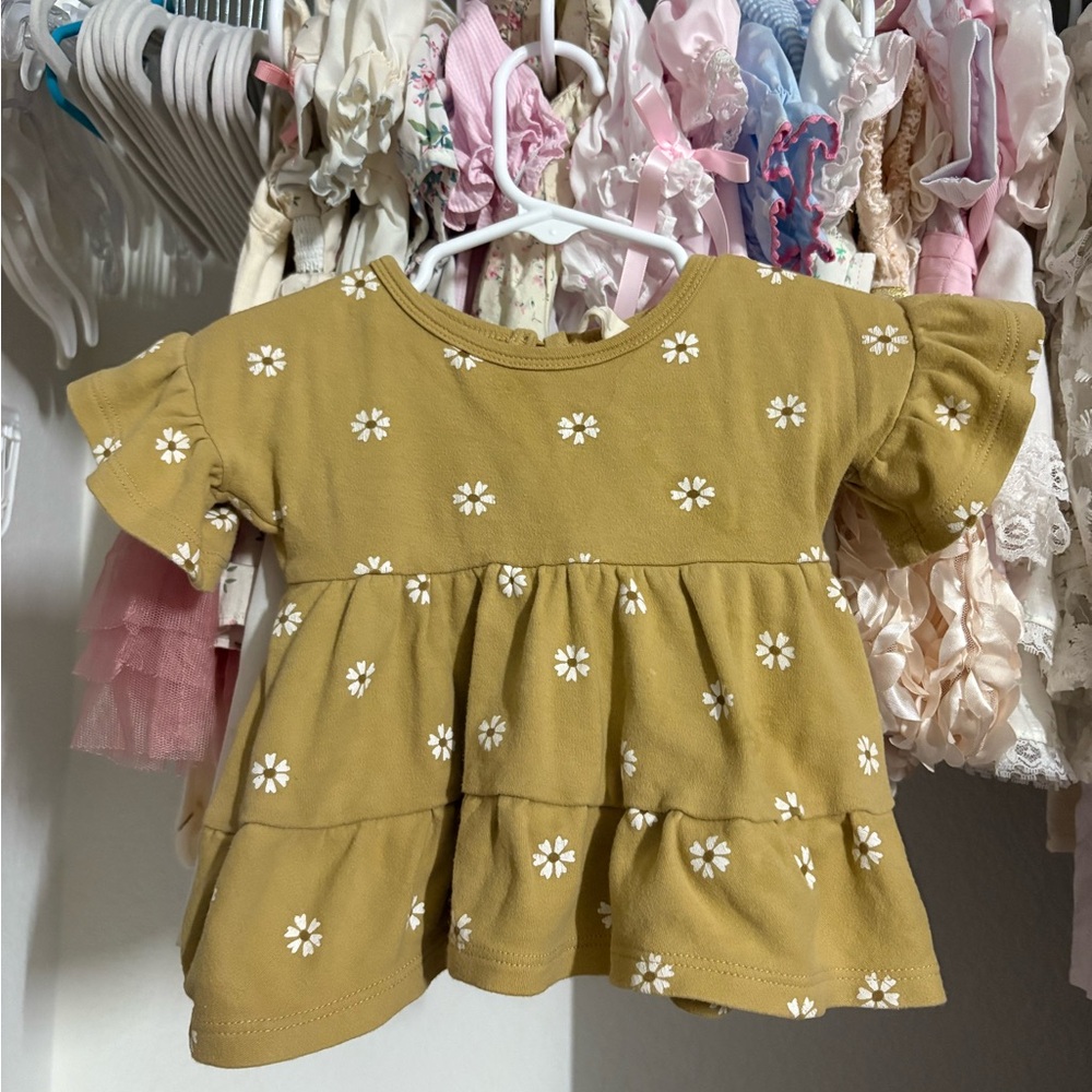 Quincy Mae brownish-gold floral bell sleeve dress 0-3 months
